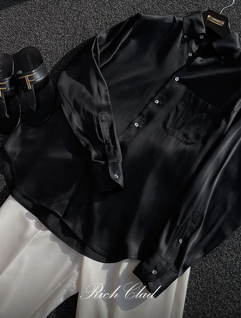 [Rich Clad] 사틴 루즈핏 라운지 셔츠 ( BLACK )