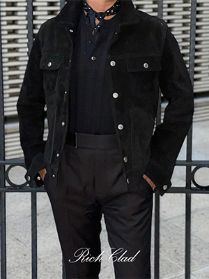 [Rich Clad] 베이비 카프 캐시미어 스웨이드 트러커 자켓 ( BLACK ) ( Italy Import Leather )
